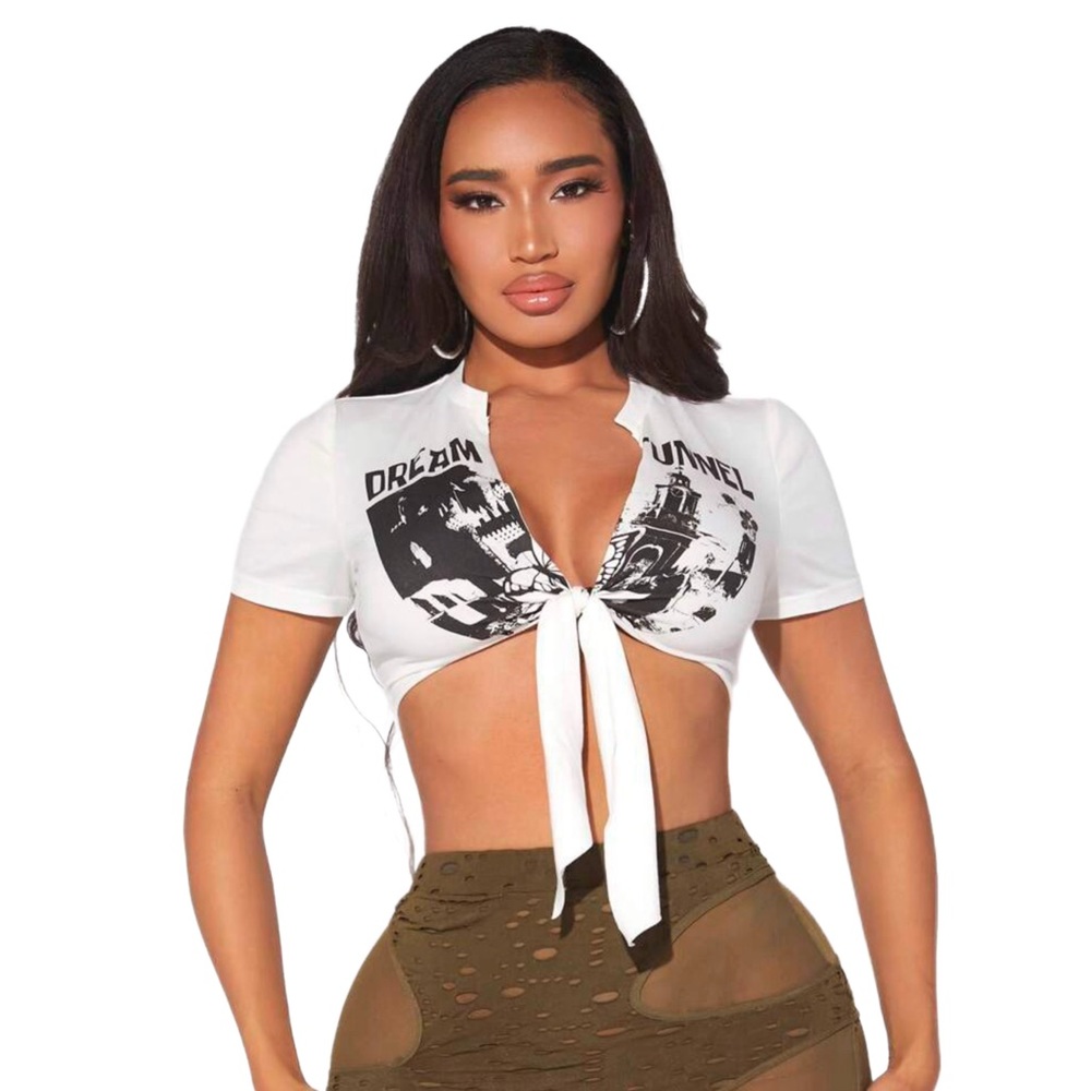 Women’s Letter Graphic Knot Front Crop Tee (White/Black, M)